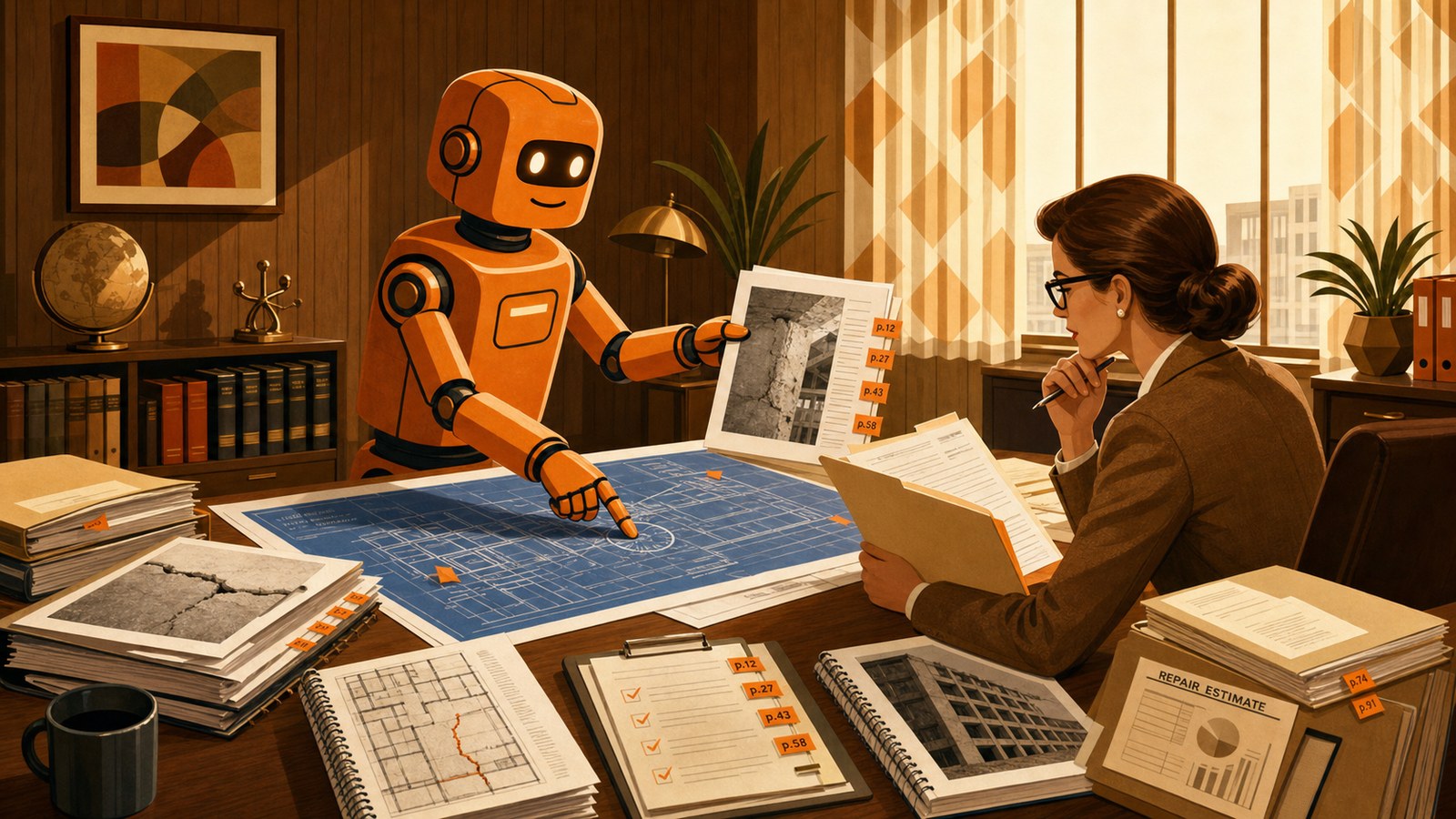 PG robot helping a legal team review construction defect blueprints and cited reports
