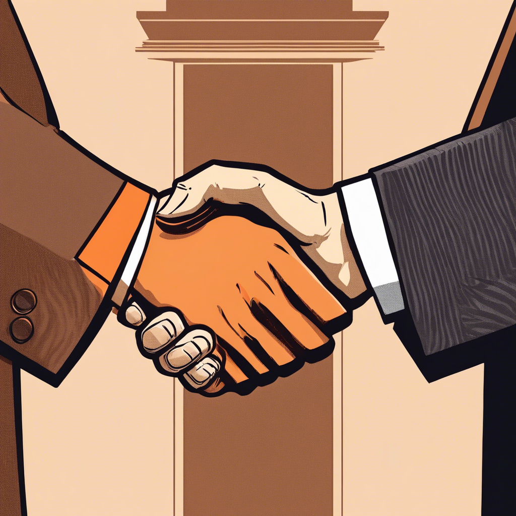 Handshake between two people in brown suits with orange overtones
