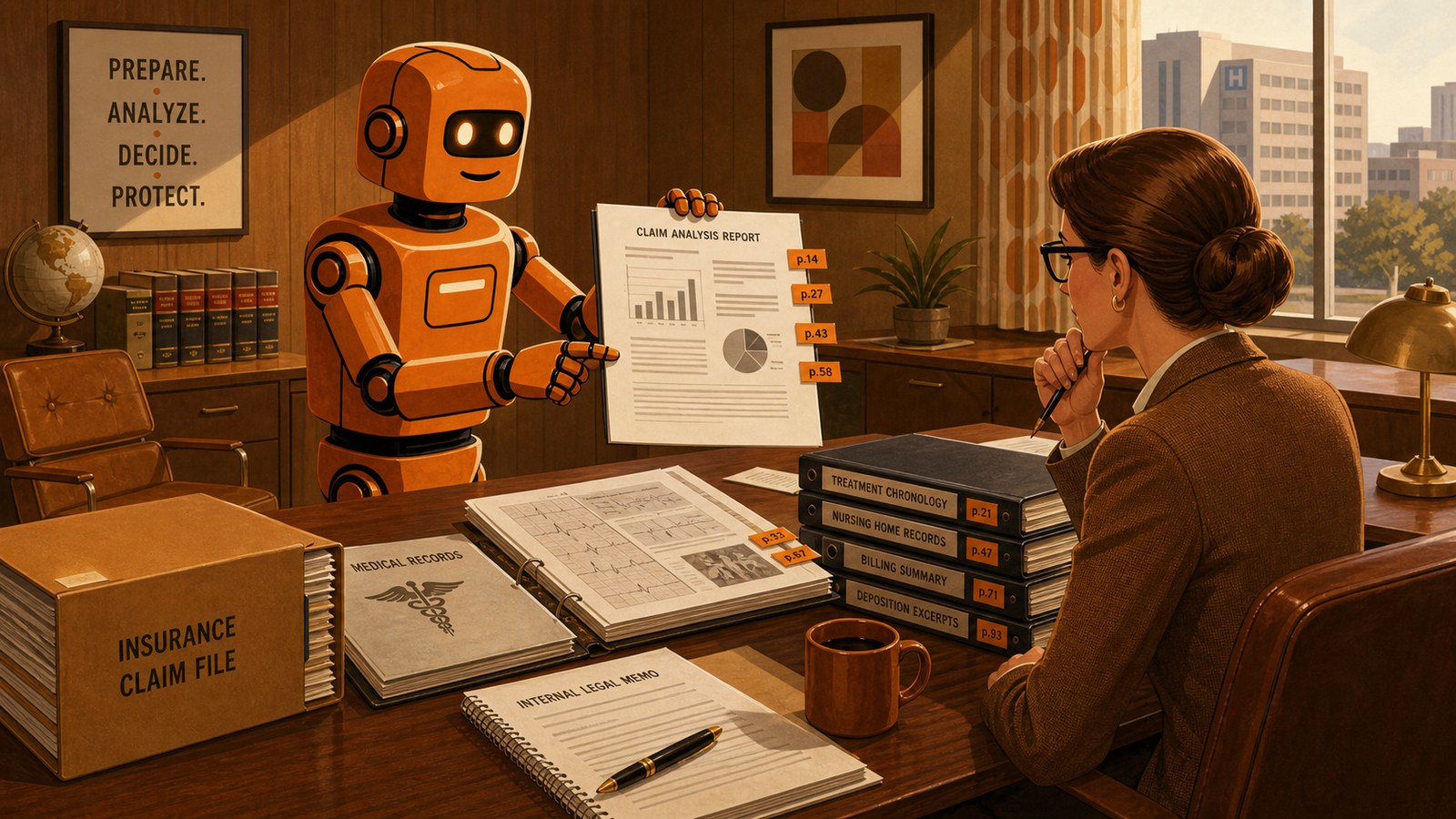 PG robot presenting a page-cited report to in-house counsel