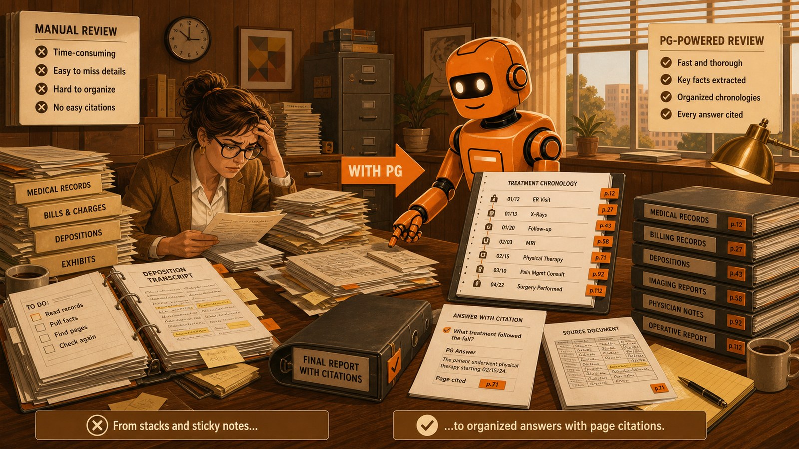 PG robot helping organize manual medical record review into cited work product