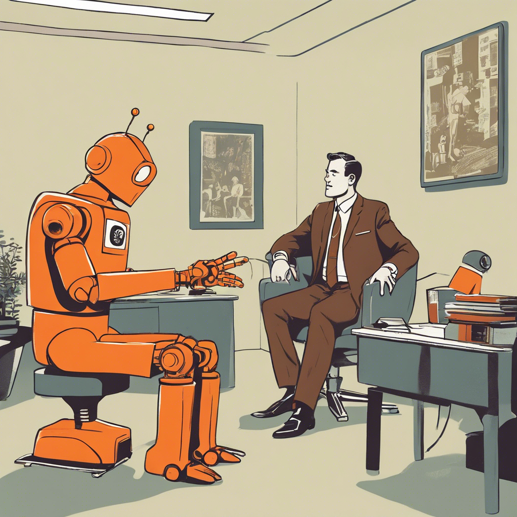 Person in a brown suit speaking with an orange robot in a retro office