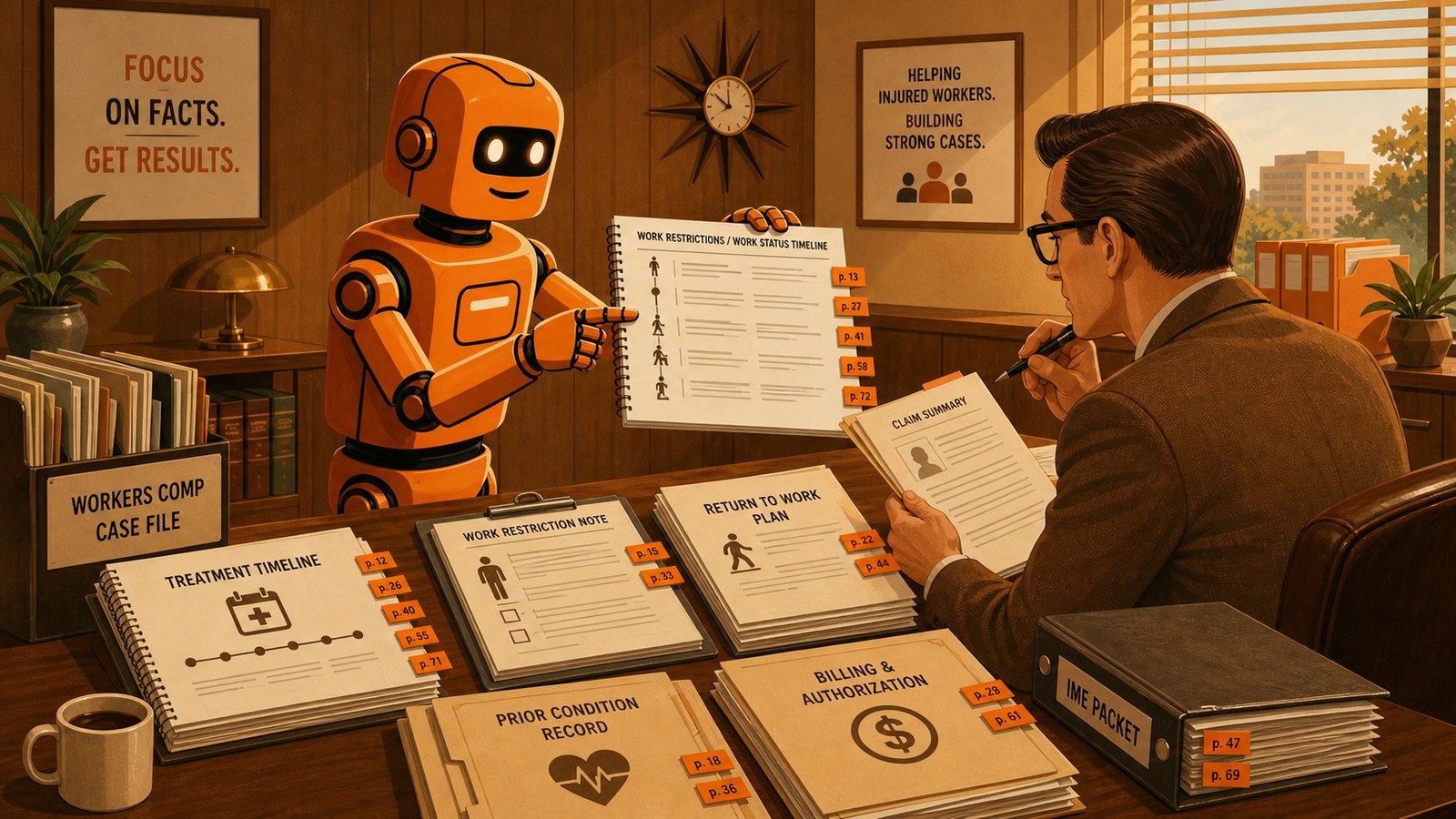 PG robot helping review workers compensation treatment, restrictions, and cited records
