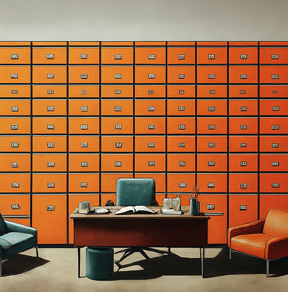 Orange filing cabinets behind a desk in a retro office