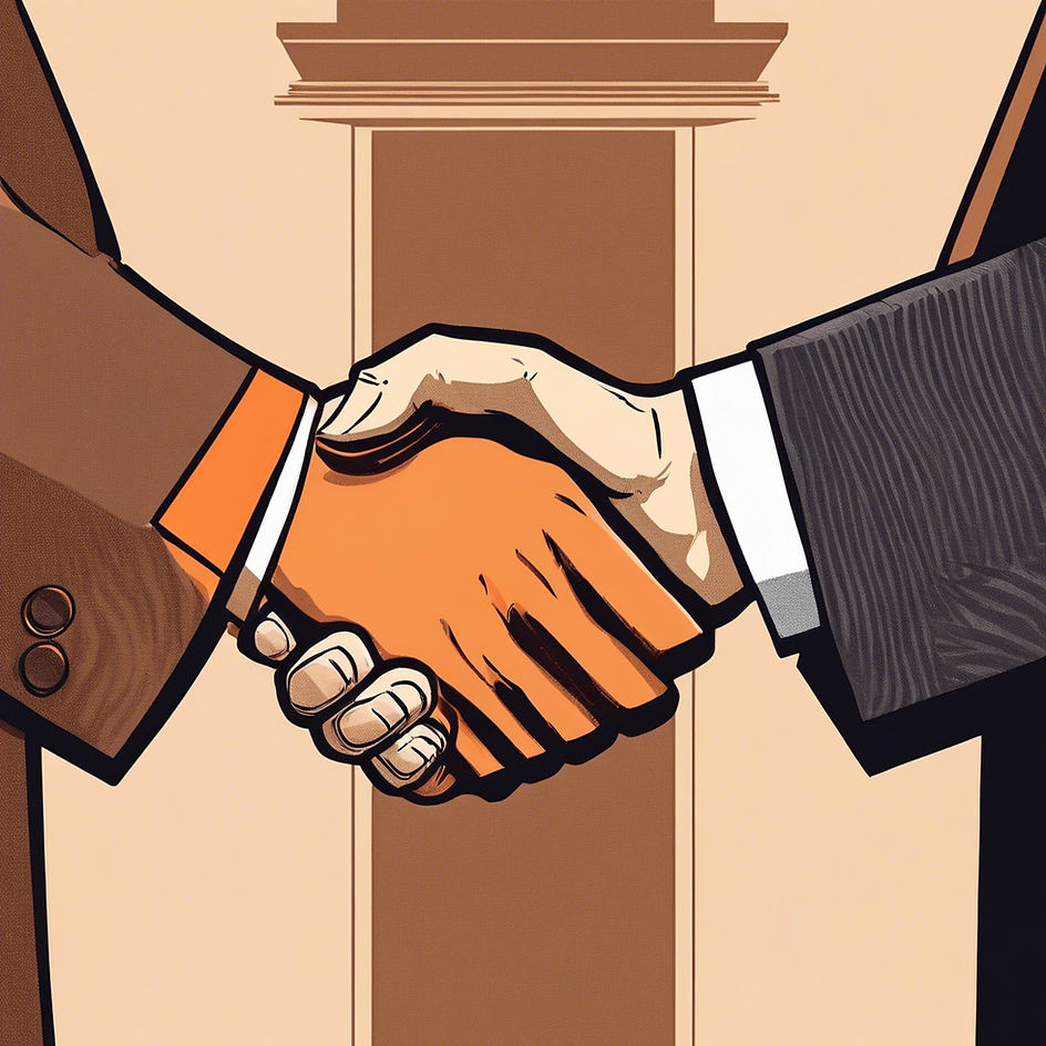 A handshake between two people, one with orange-toned skin