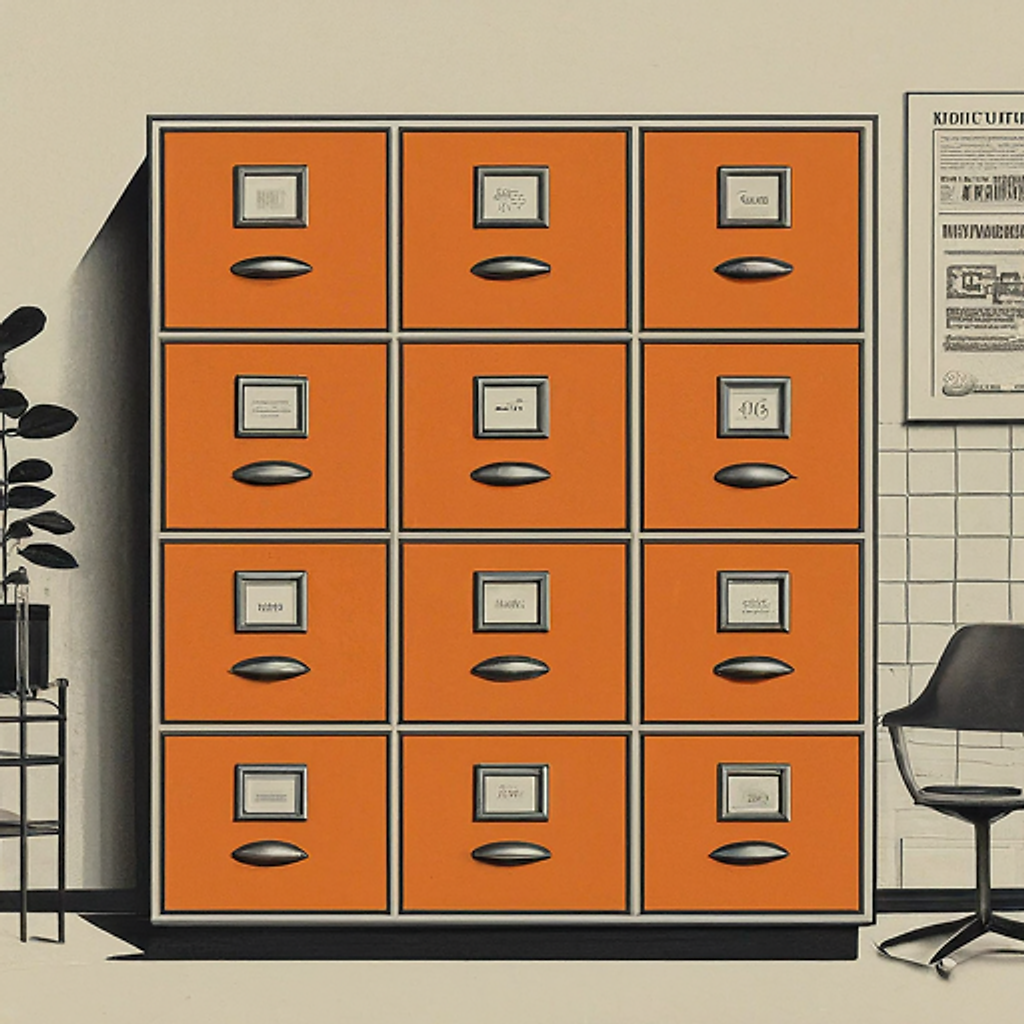Orange filing cabinets in a retro office setting