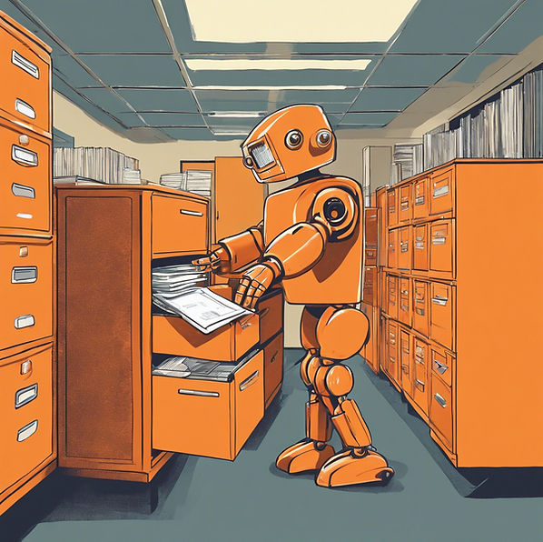 An orange robot searching through orange filing cabinets in a 1960s office