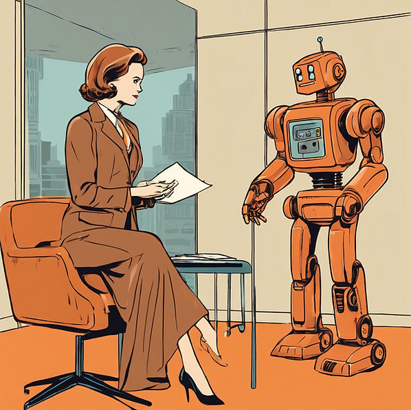 A woman in a brown pantsuit asking an orange robot a question in a 1960s office